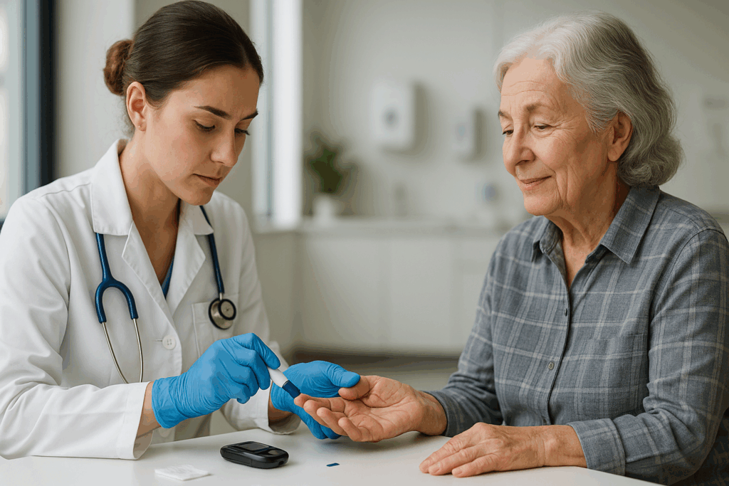 A moment of diabetes care and monitoring in a bright, modern medical facility.