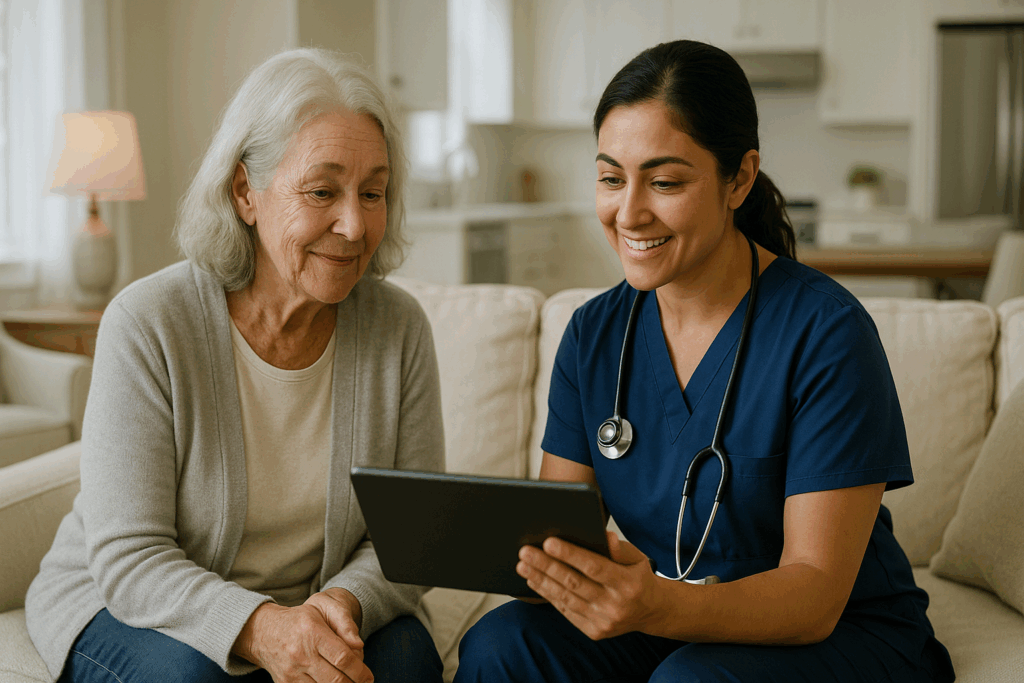 Professional healthcare consultation scene between healthcare worker and an elderly woman with silver hair.