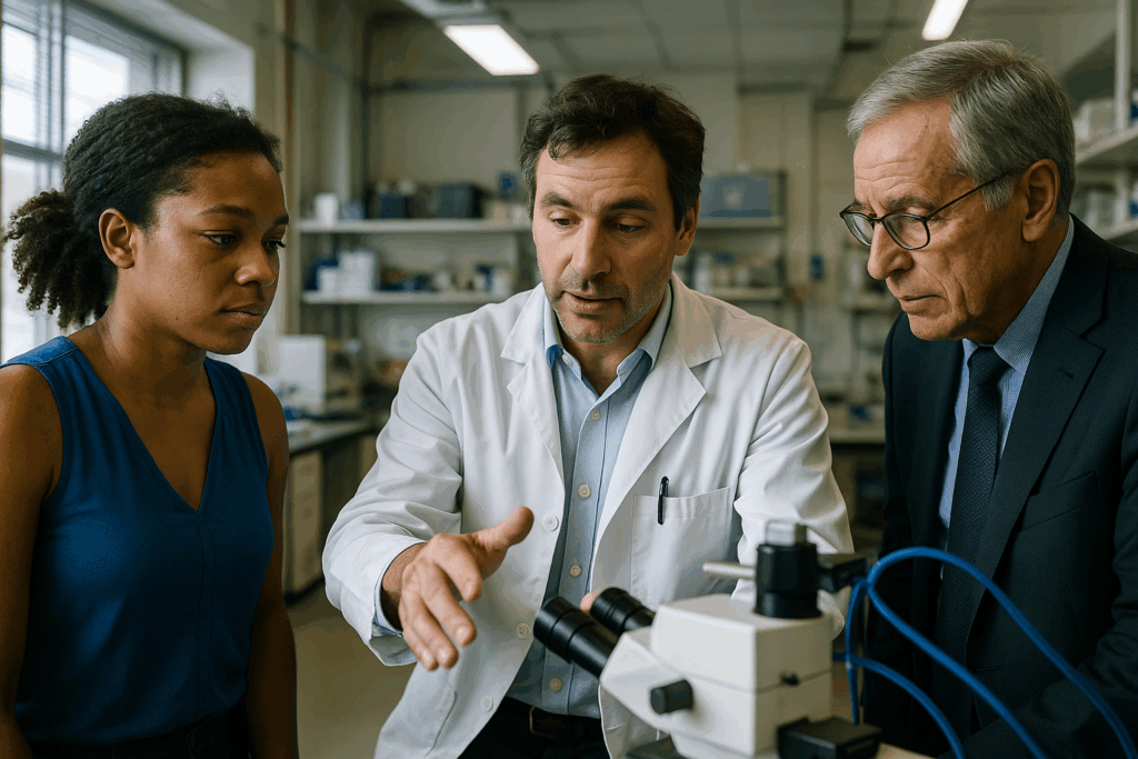 Three people gathered around scientific equipment in a working research facility.