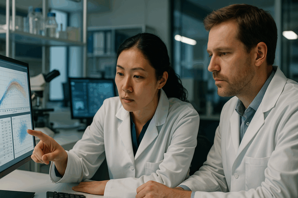 Two dedicated aging researchers demonstrate focused engagement with aging research data analysis.